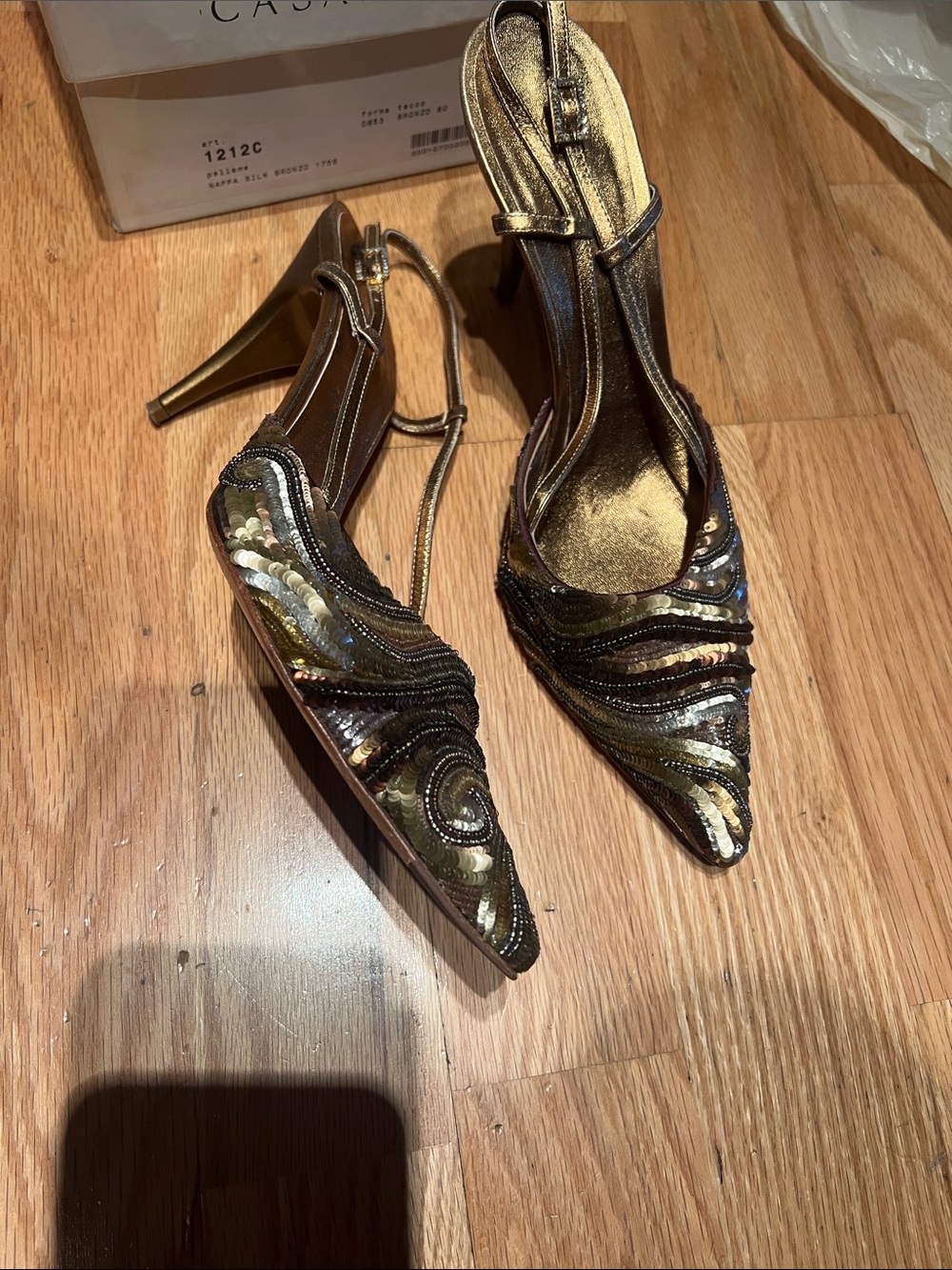 Casadei Gold Sequin Pointed Slingback Heels